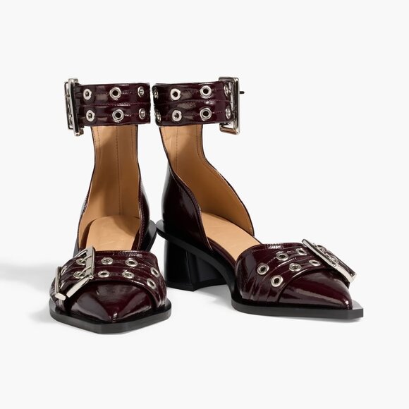 Ganni Shoes - GANNI Burgundy Chunky Buckle Open Cut Pumps